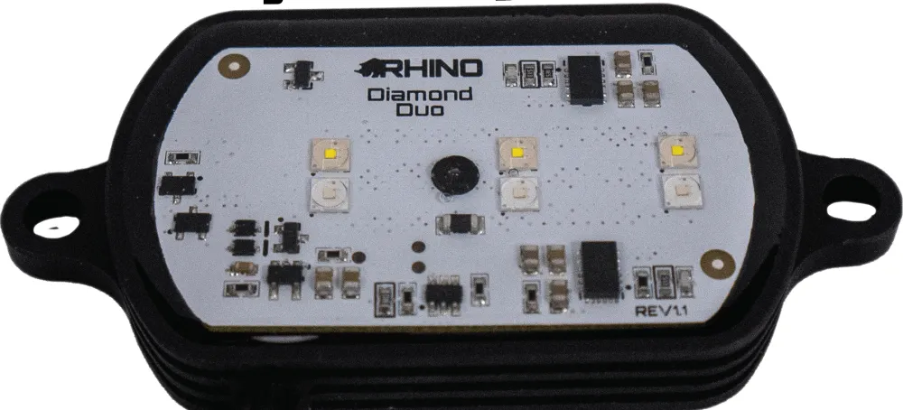 Diamond Duo circuit board in its black housing, showing three pairs of Cree emitters