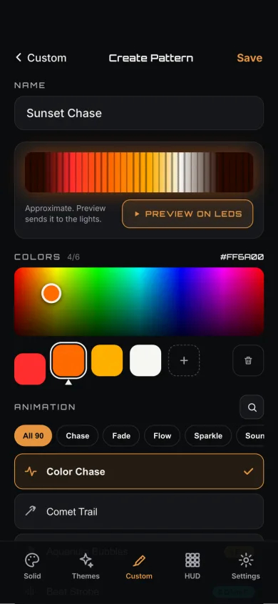 Creating a custom pattern: name, colors, and the animation list