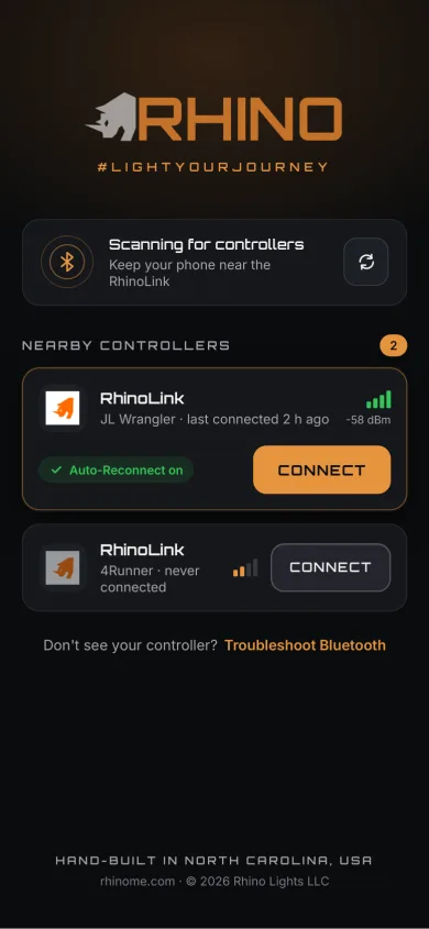 Finding the controller over Bluetooth, with Connect buttons