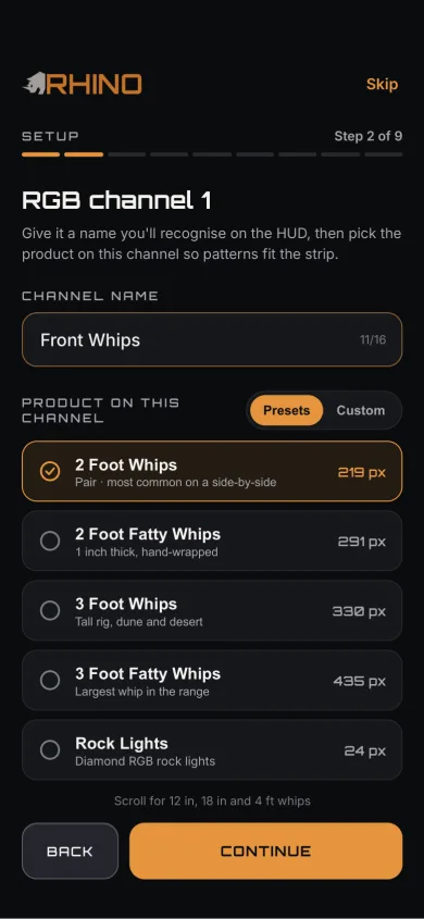 Setup: naming a channel Front Whips and picking the product on it