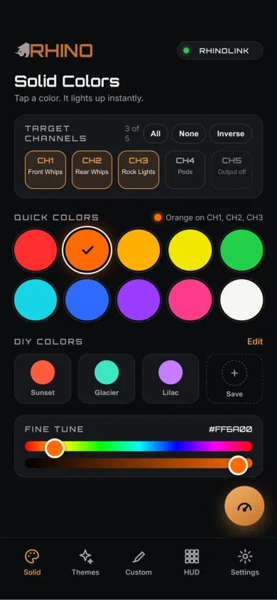 The Solid tab, with quick colors for the selected channels