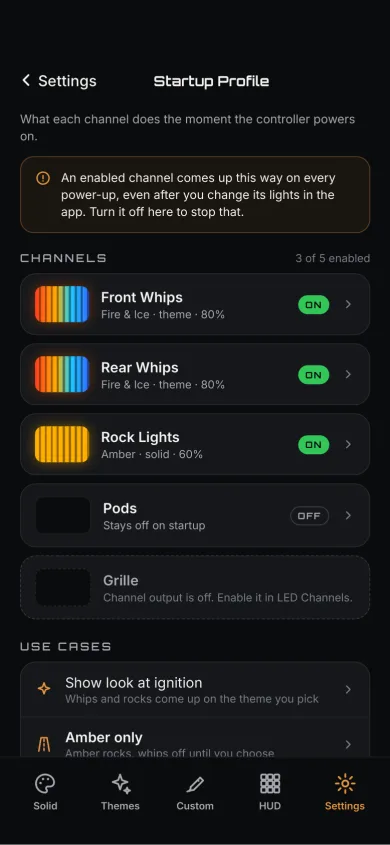 Startup Profile: what each channel does when the controller powers on