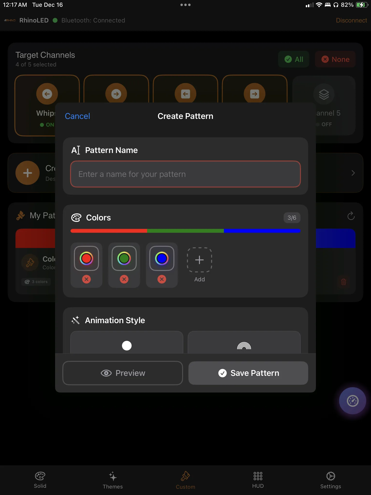 The pattern creator, assembling a custom pattern from selected colors