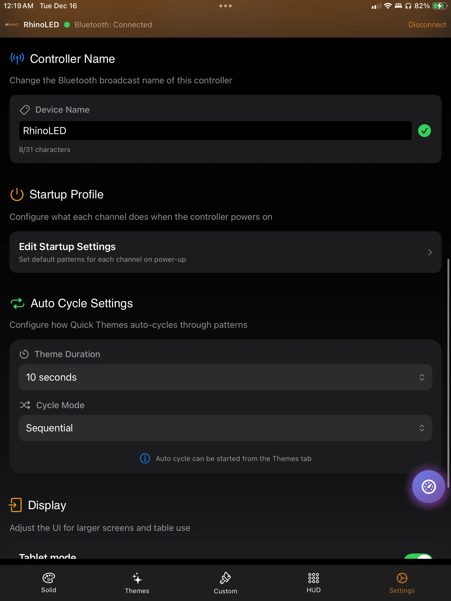 The settings tab, where controller configuration is written to the board