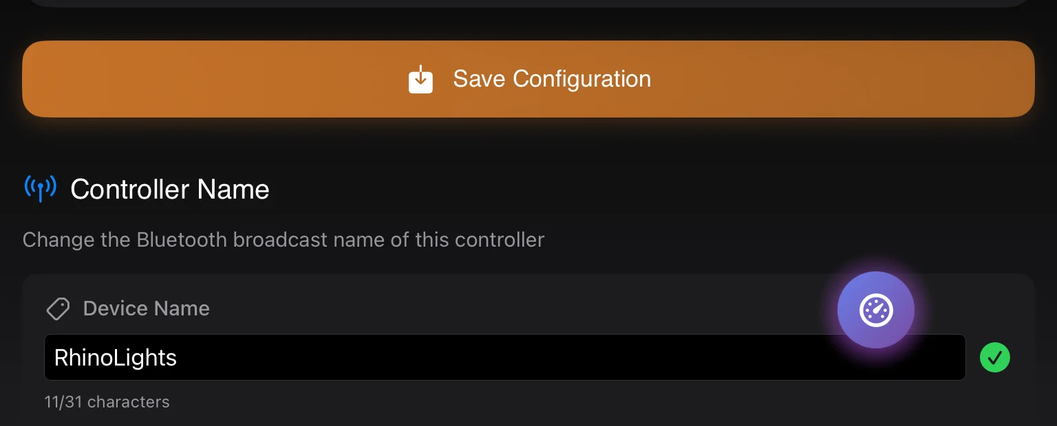 Saving configuration and the controller's Bluetooth name in the RhinoLED app