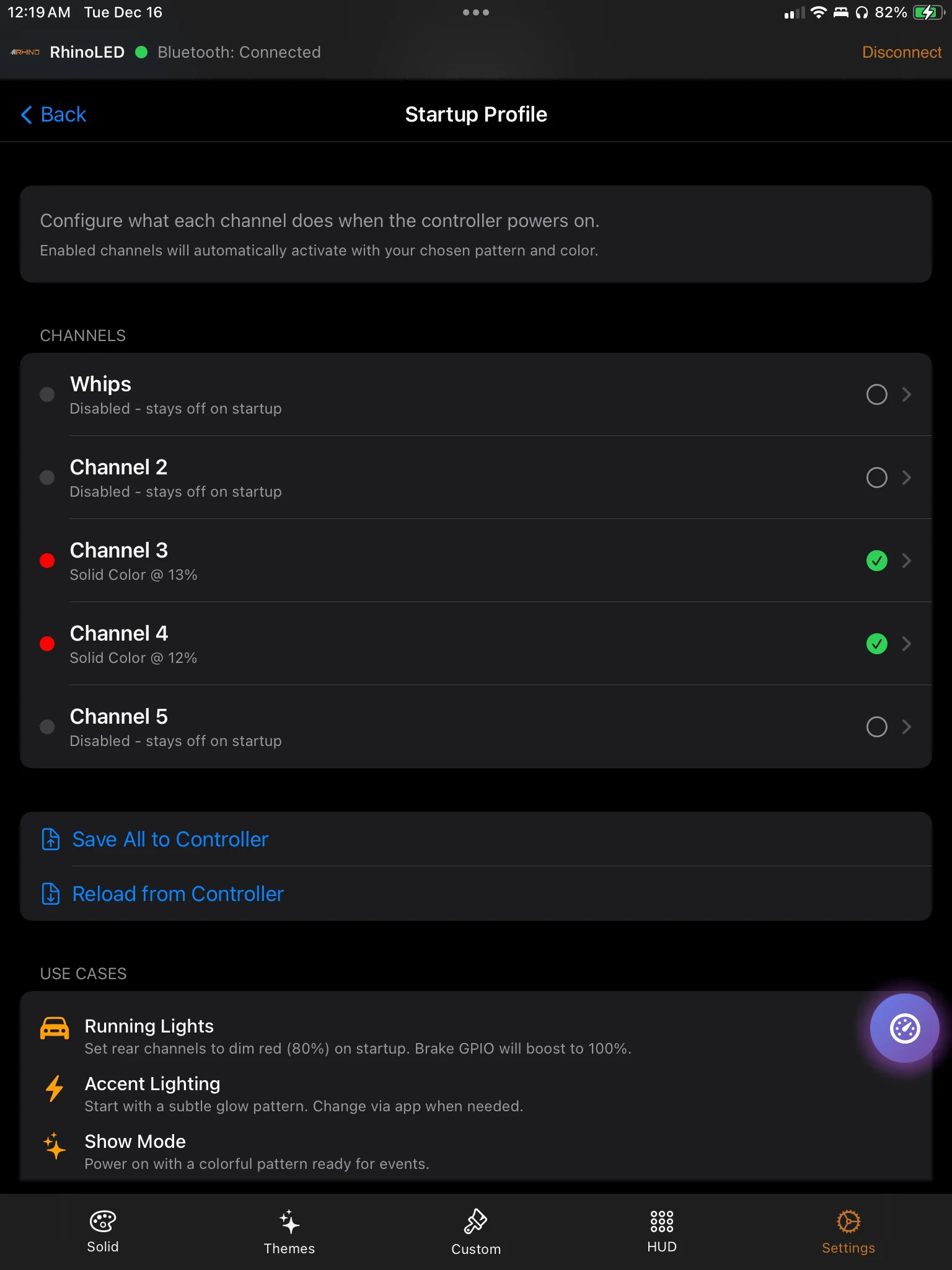 The RhinoLED app startup profile screen, setting how each channel comes up at power-on