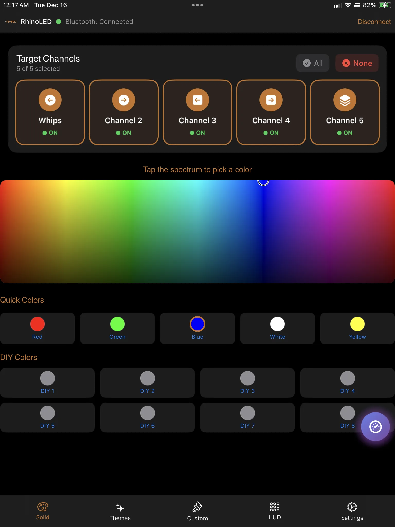 The solid color tab, choosing a color for a single zone