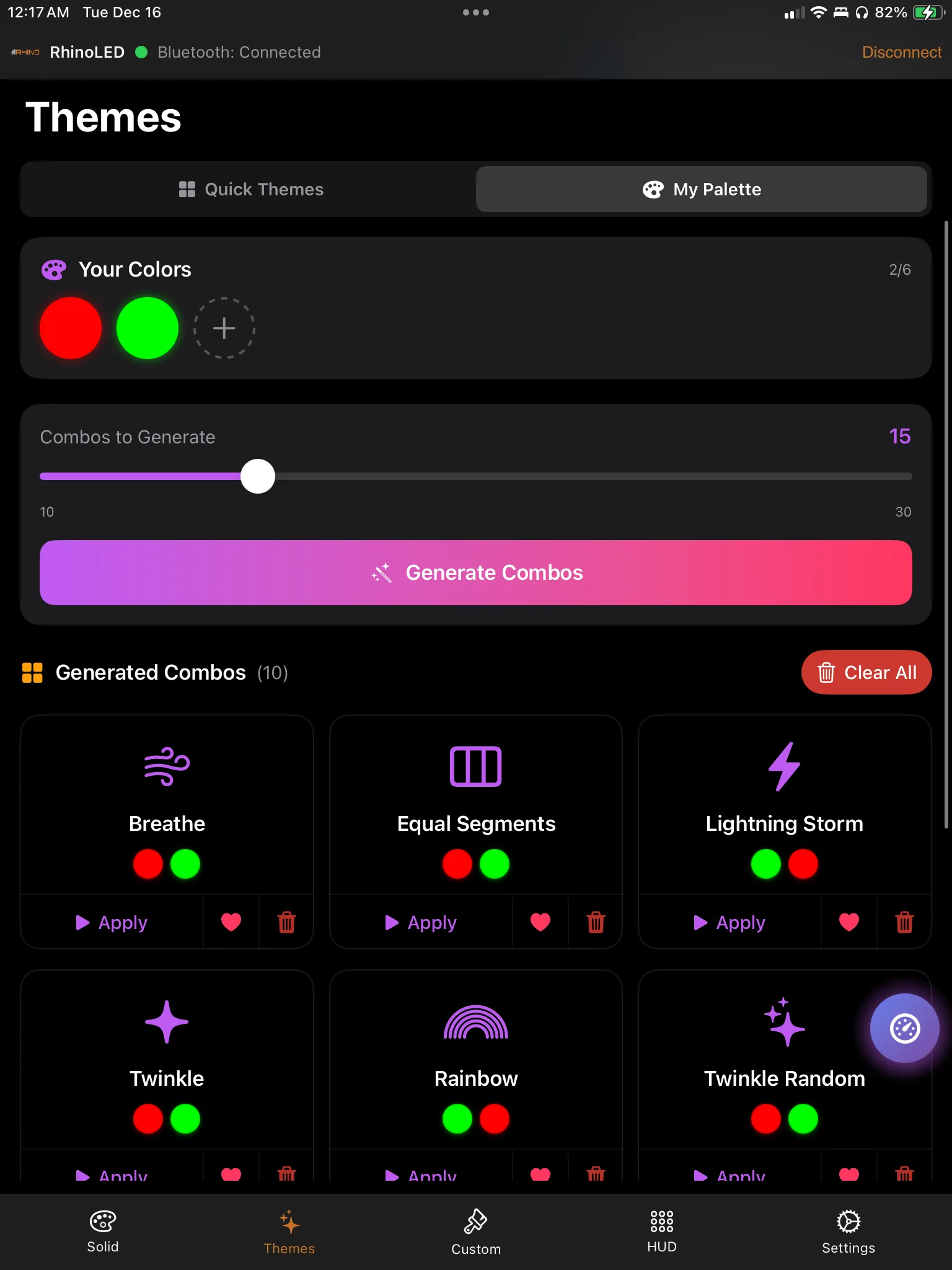 The custom themes tab, building a saved theme from chosen colors