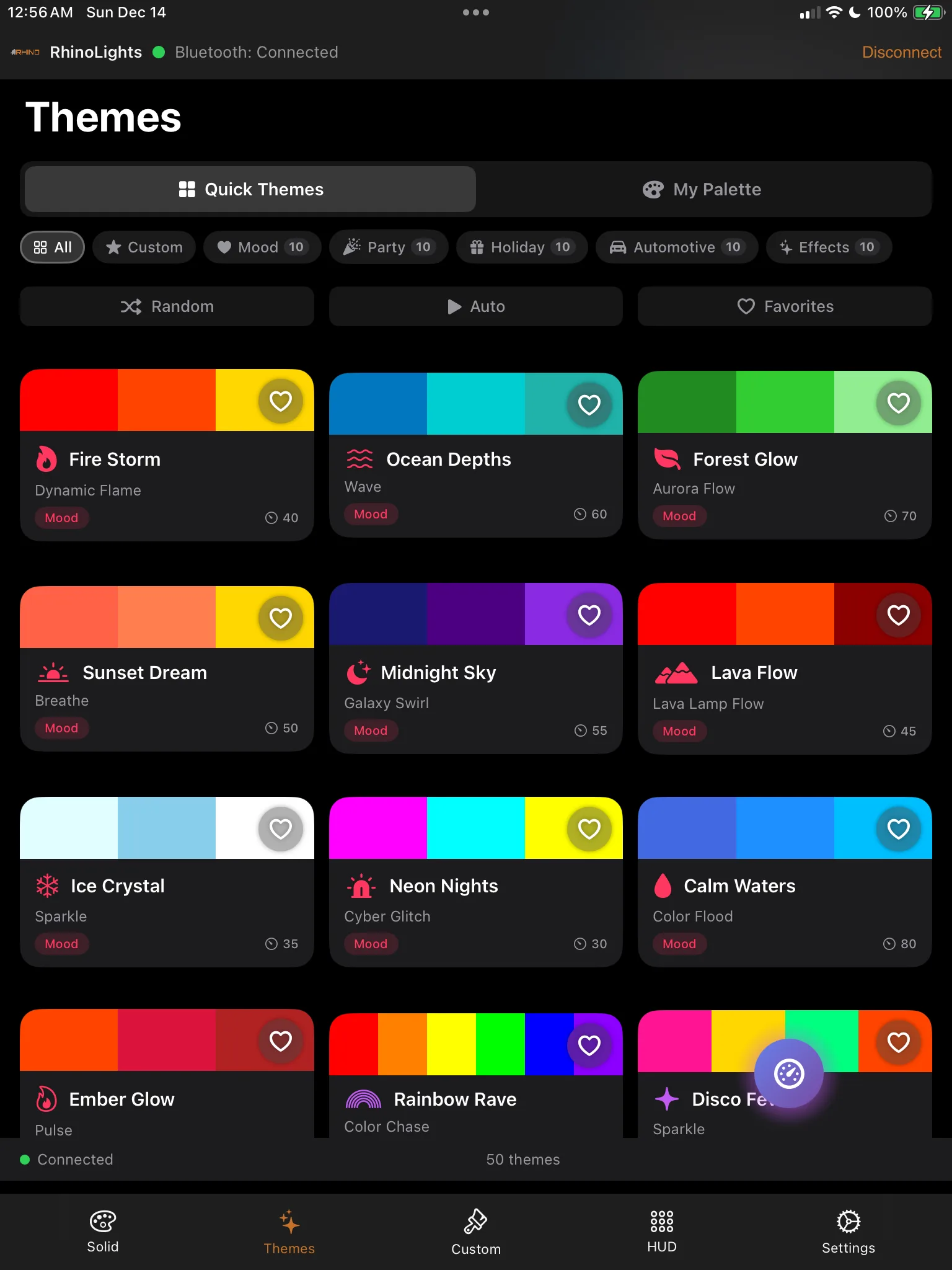 The RhinoLED app Themes tab, showing ready-made color combinations