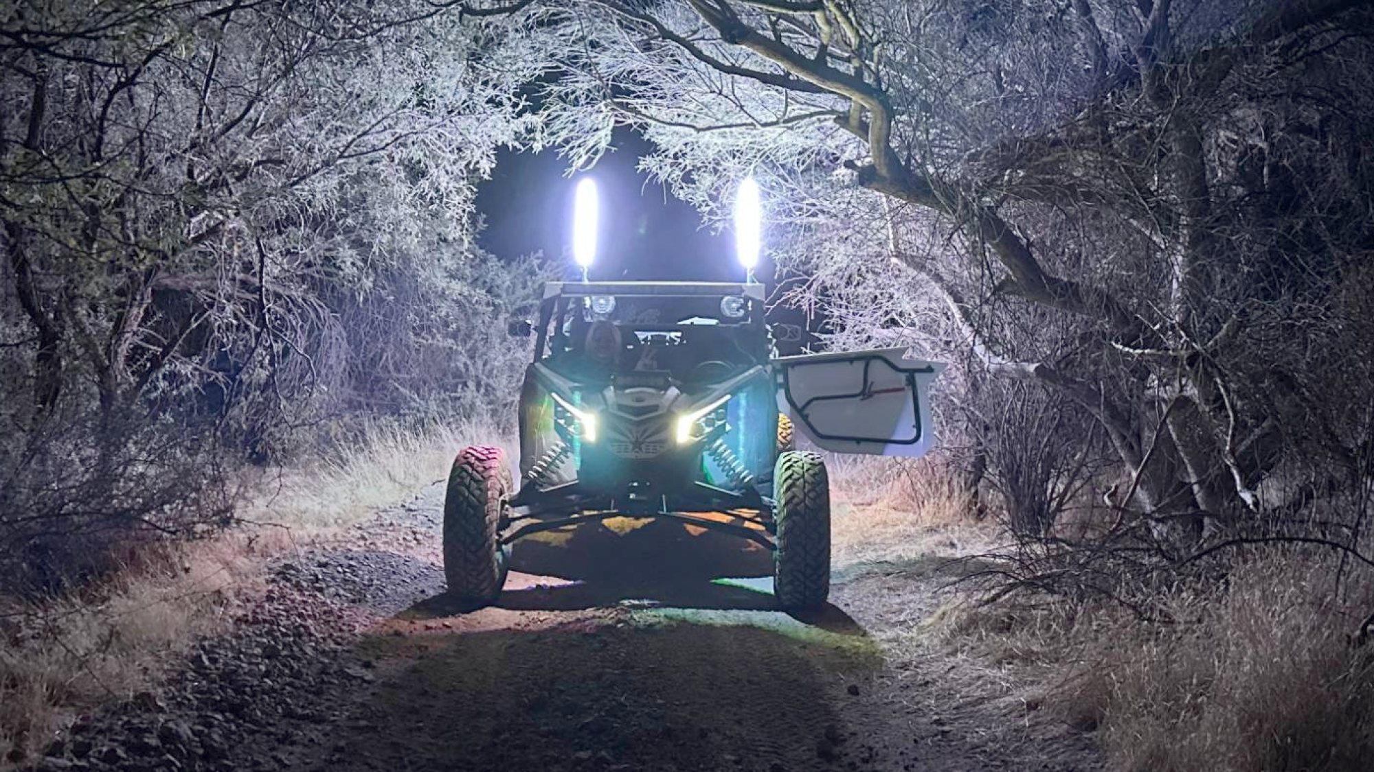 Two lit Rhino whips standing above a side-by-side at night on a frosted trail, lighting the branches overhead